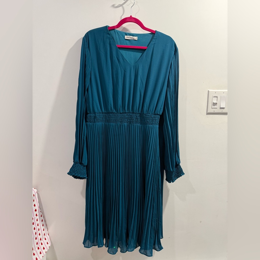 Grace Karin Teal V-Neck Long Sleeve Dress